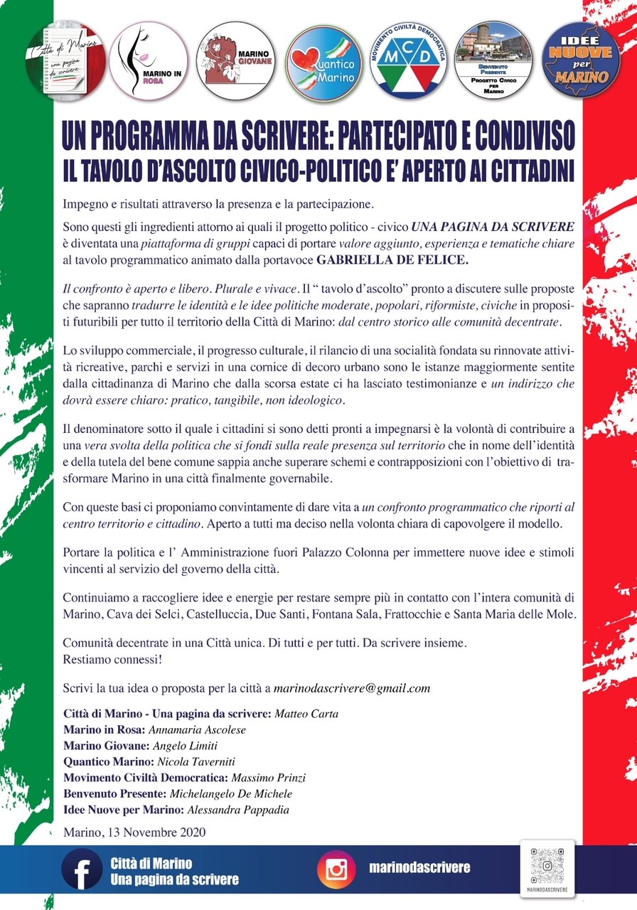 Marino, “Una pagina da scrivere” avvia il tavolo di ascolto programmatico