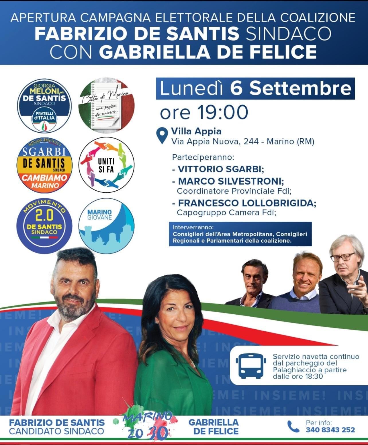 MARINO, LUNEDÌ 6 SETTEMBRE APERTURA CAMPAGNA ELETTORALE DE SANTIS-DE FELICE. PARTECIPANO SGARBI, LOLLOBRIGIDA E SILVESTRONI