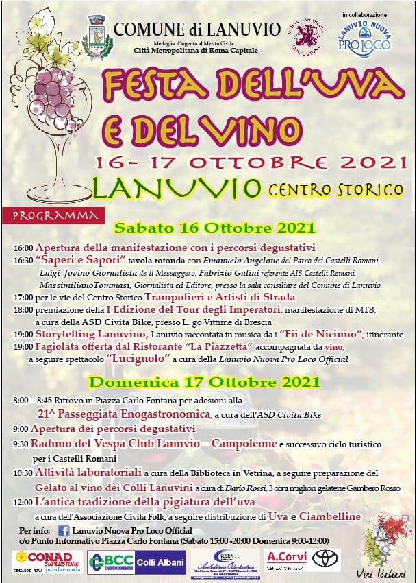 EVENTI, LANUVIO: TORNA NEL FINE SETTIMANA LA FESTA DELL’UVA E DEL VINO