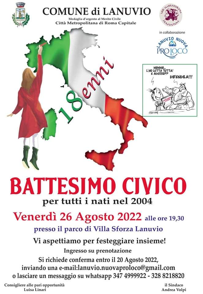 LANUVIO, IL 26 AGOSTO IL BATTESIMO CIVICO PER I NEO MAGGIORENNI