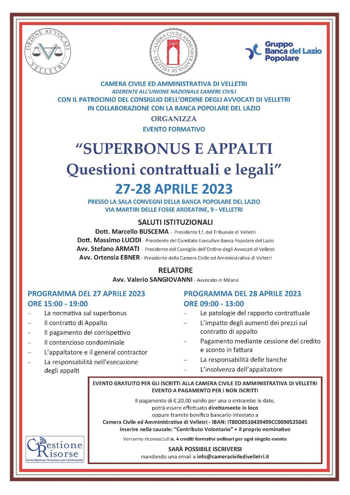 “Superbonus e appalti”: evento formativo organizzato dalla Camera Civile ed Amministrativa di Velletri