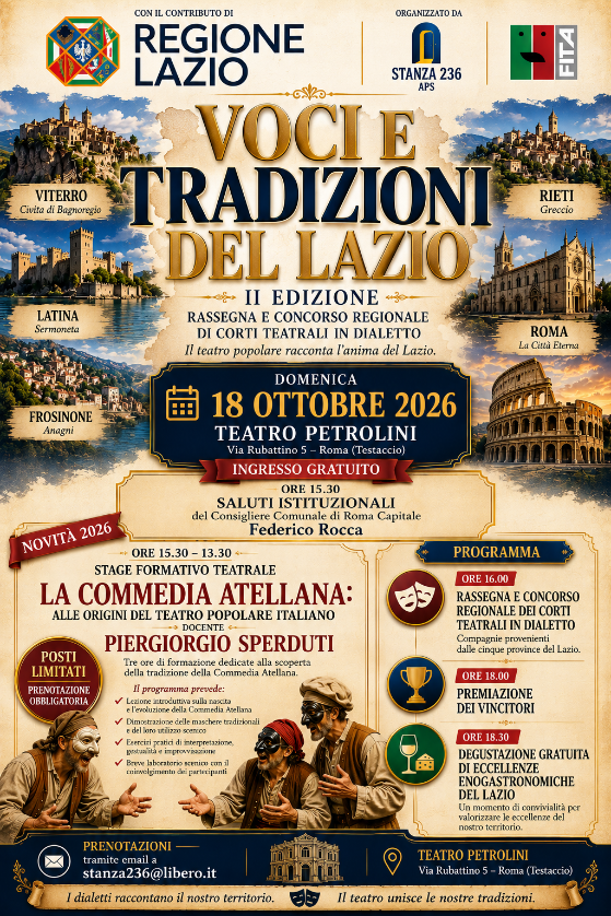 Al Teatro Petrolini la II edizione di “Voci e Tradizioni del Lazio”: teatro, dialetti ed enogastronomia nel cuore di Testaccio